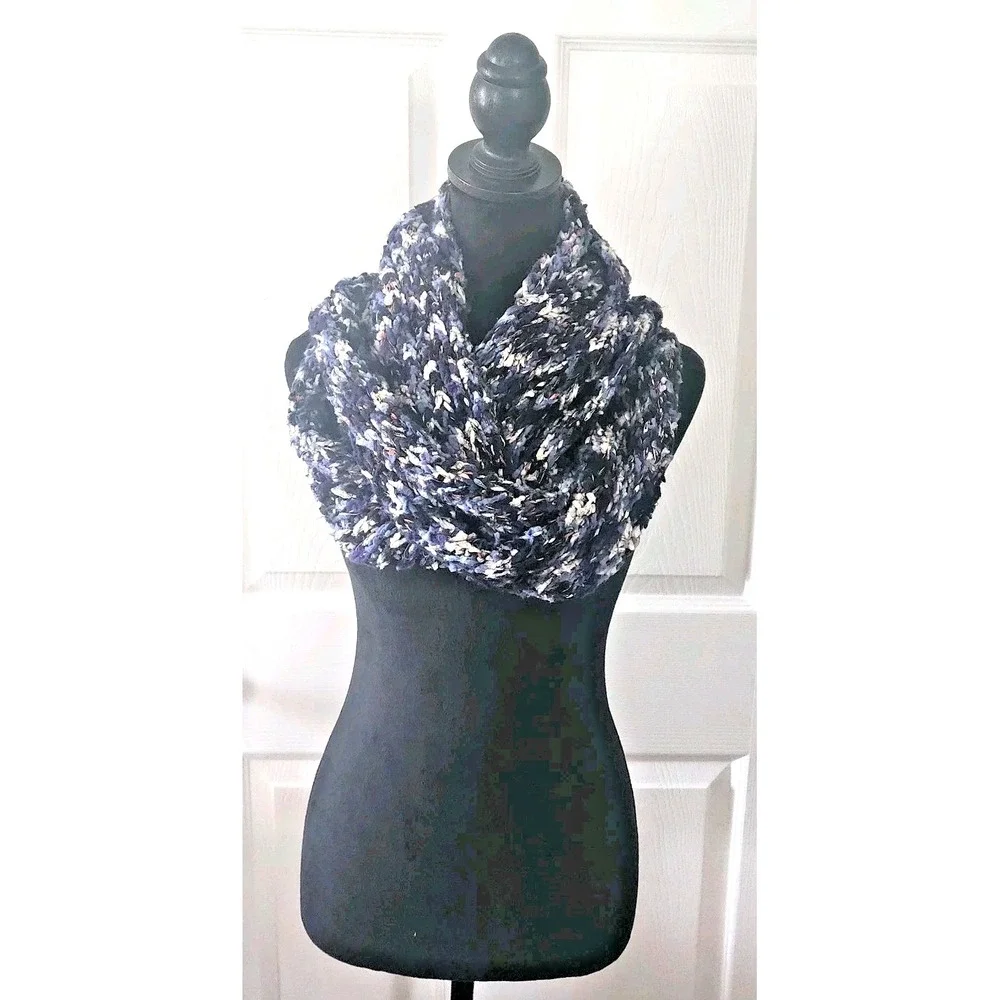 Crocheted Chunky Blue Multicolor Infinity Scarf Length 34